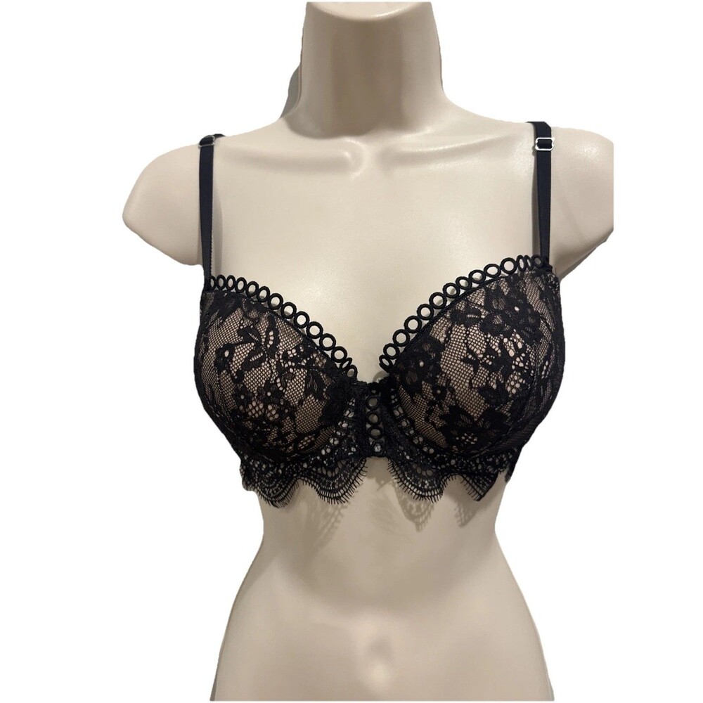 Victoria's Secret Dream Angels Lined Demi Bra 32D Ivory Black Lace Underwire